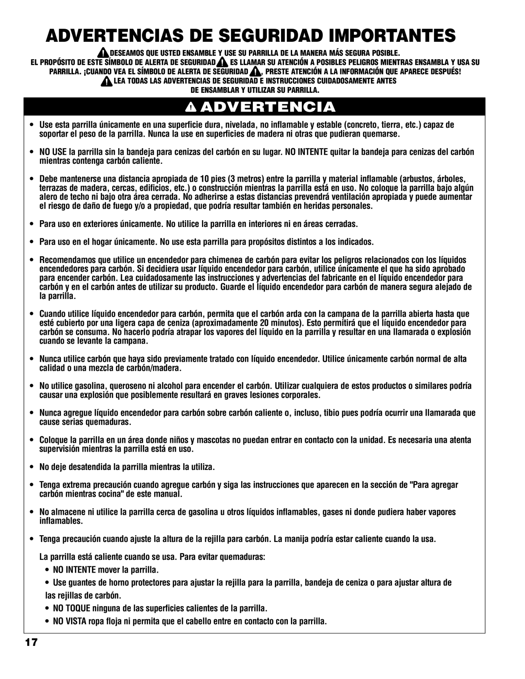 Brinkmann Charcoal Grill owner manual Advertencias DE Seguridad Importantes 