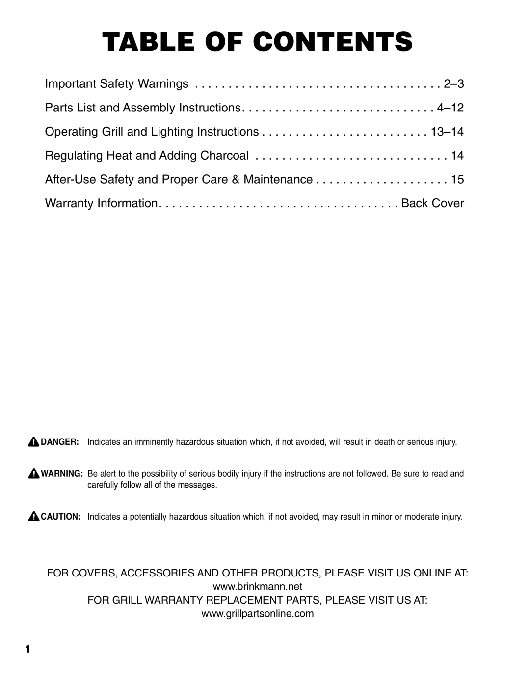 Brinkmann Charcoal Grill owner manual Table of Contents 