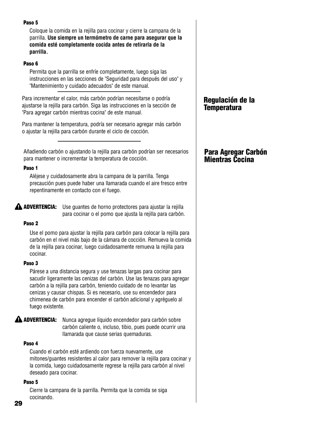 Brinkmann Charcoal Grill owner manual Regulación de la Temperatura 