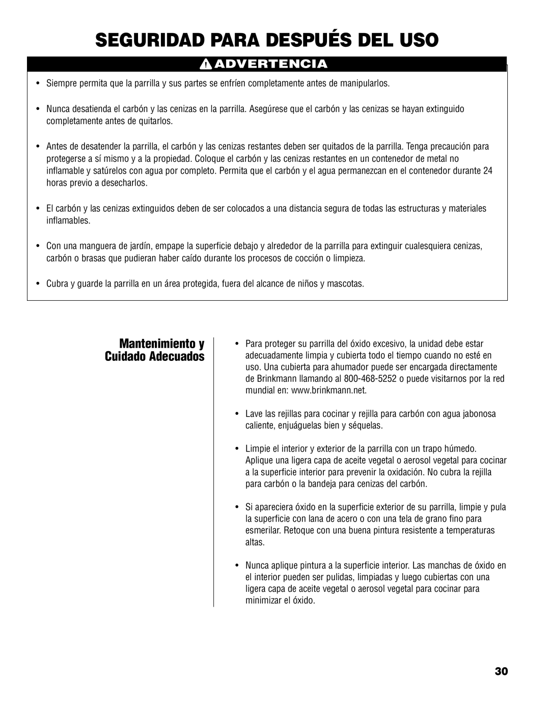 Brinkmann Charcoal Grill owner manual Seguridad Para Después DEL USO, Advertencia 