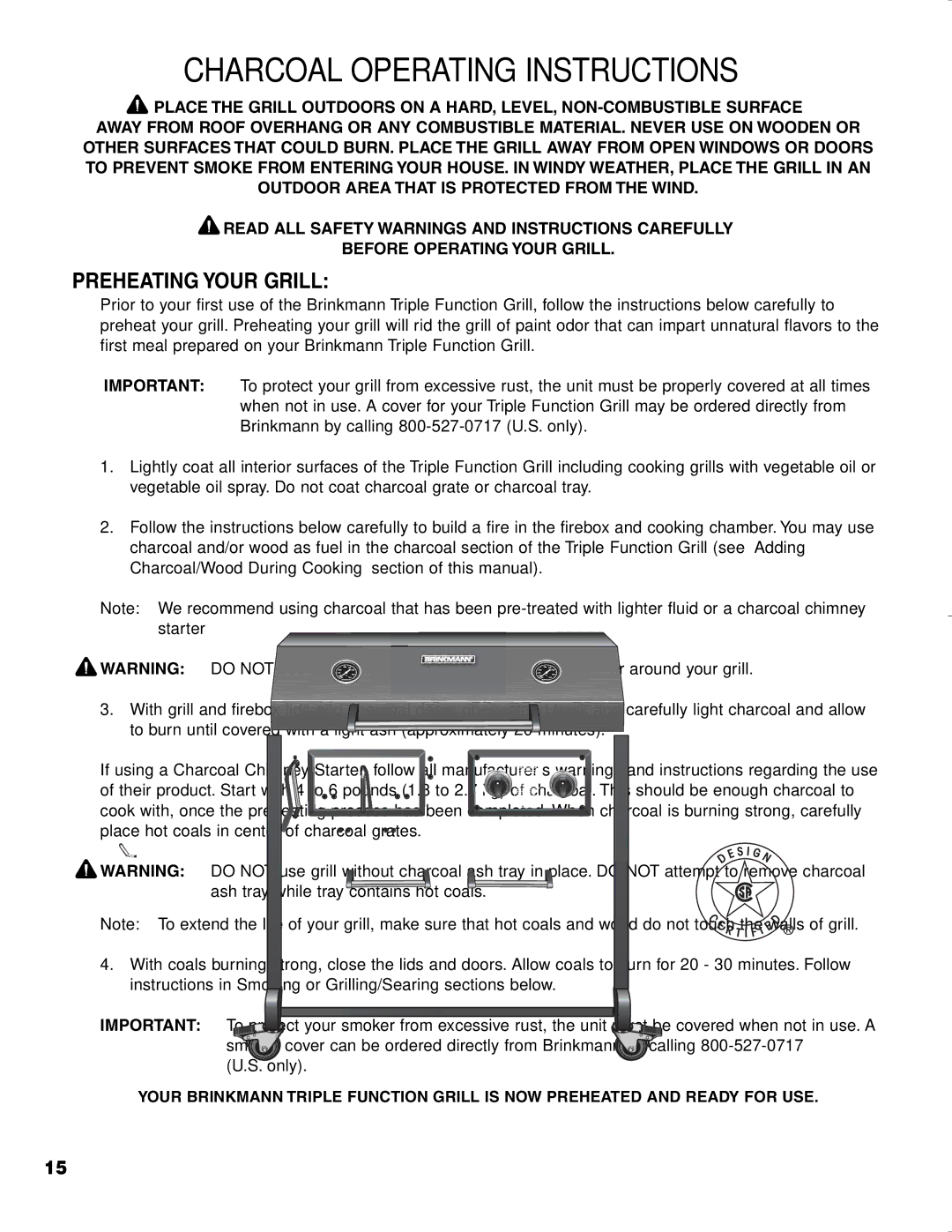 Brinkmann CHARCOAL SMOKER CHARCOAL GRILL owner manual Charcoal Operating Instructions, Preheating Your Grill 