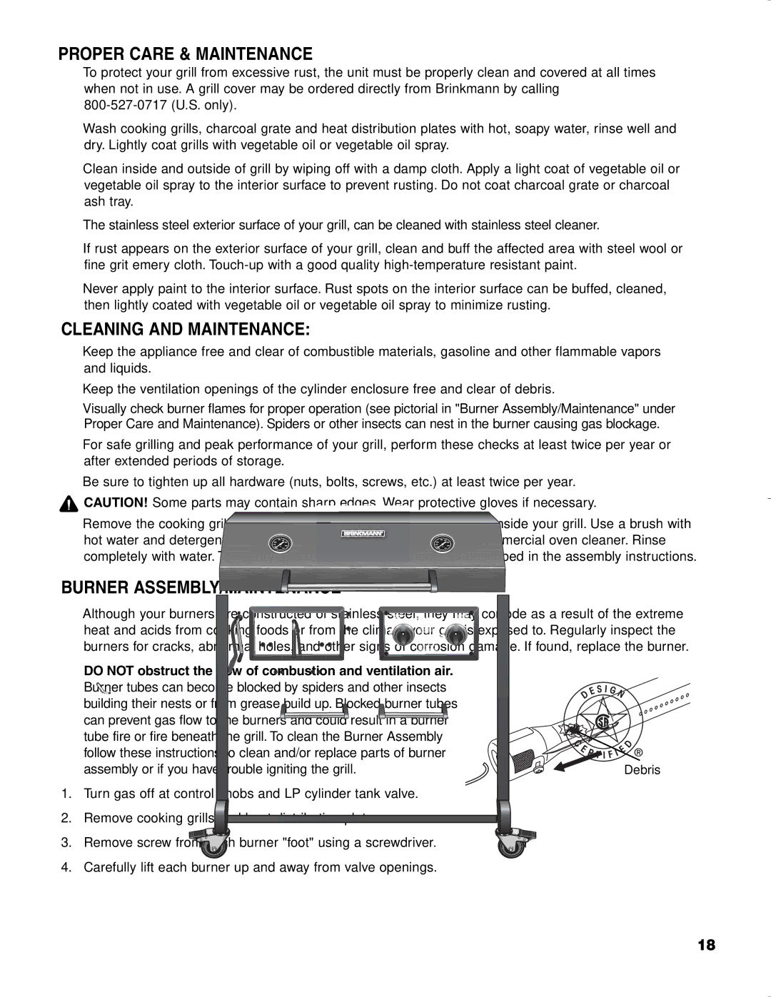 Brinkmann CHARCOAL SMOKER CHARCOAL GRILL Proper Care & Maintenance, Cleaning and Maintenance, Burner ASSEMBLY/MAINTENANCE 