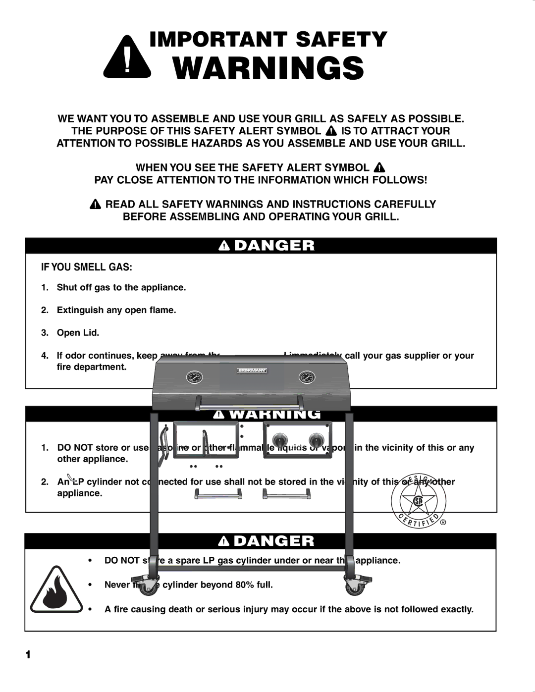 Brinkmann CHARCOAL SMOKER CHARCOAL GRILL owner manual Important Safety 