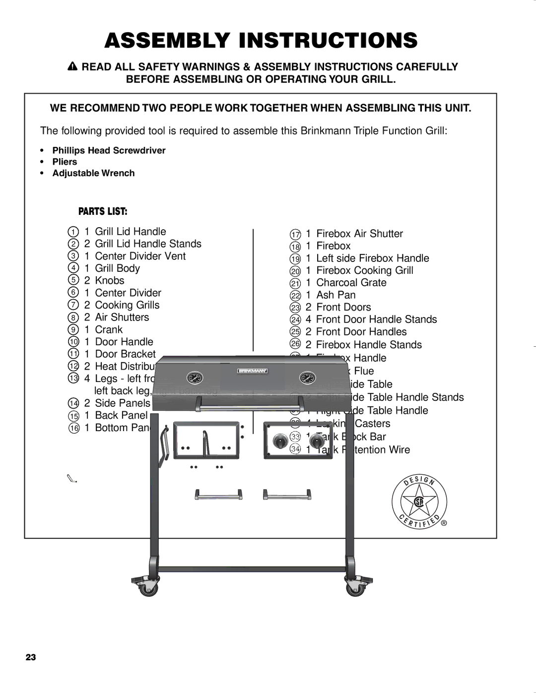 Brinkmann CHARCOAL SMOKER CHARCOAL GRILL owner manual Assembly Instructions 