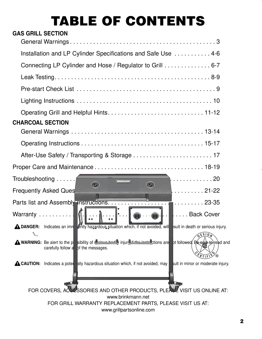 Brinkmann CHARCOAL SMOKER CHARCOAL GRILL owner manual Table of Contents 