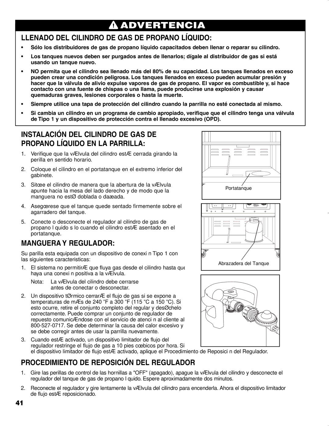 Brinkmann CHARCOAL SMOKER CHARCOAL GRILL owner manual Llenado DEL Cilindro DE GAS DE Propano Líquido, Manguera Y Regulador 