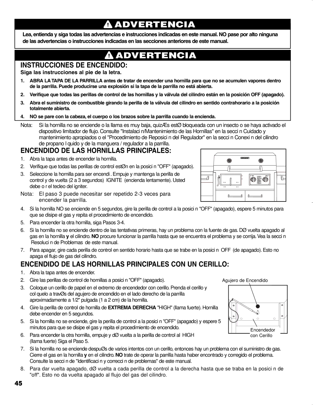 Brinkmann CHARCOAL SMOKER CHARCOAL GRILL owner manual Instrucciones DE Encendido, Encendido DE LAS Hornillas Principales 