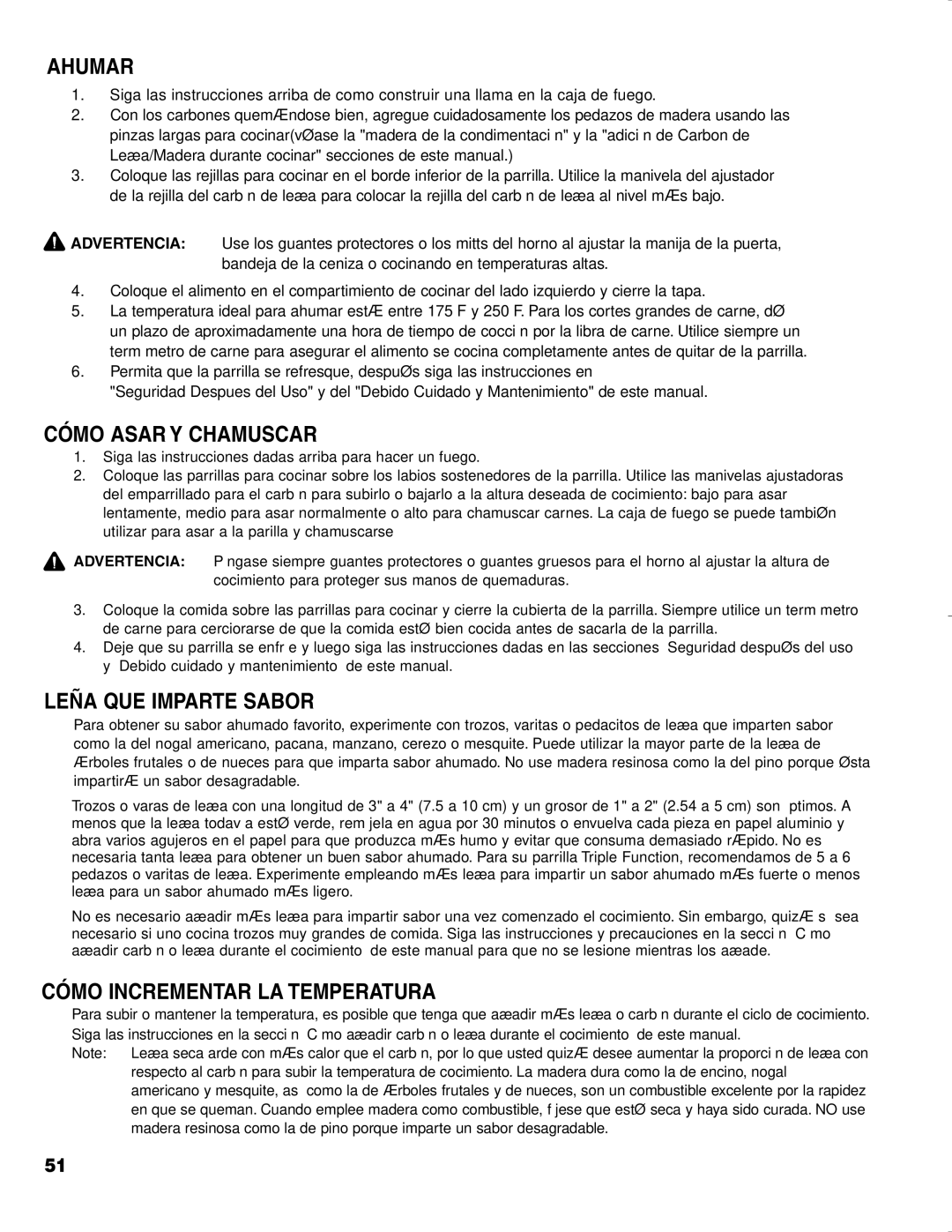 Brinkmann CHARCOAL SMOKER CHARCOAL GRILL owner manual Ahumar, Cómo Asar Y Chamuscar, Leña QUE Imparte Sabor 