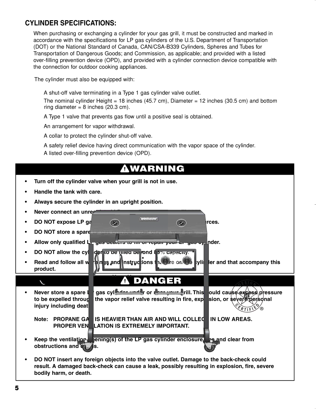 Brinkmann CHARCOAL SMOKER CHARCOAL GRILL owner manual Cylinder Specifications 