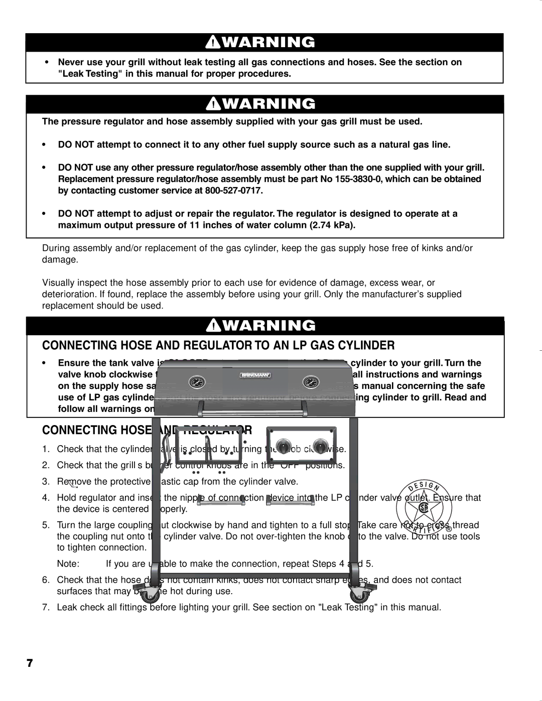 Brinkmann CHARCOAL SMOKER CHARCOAL GRILL owner manual Connecting Hose and Regulator to AN LP GAS Cylinder 