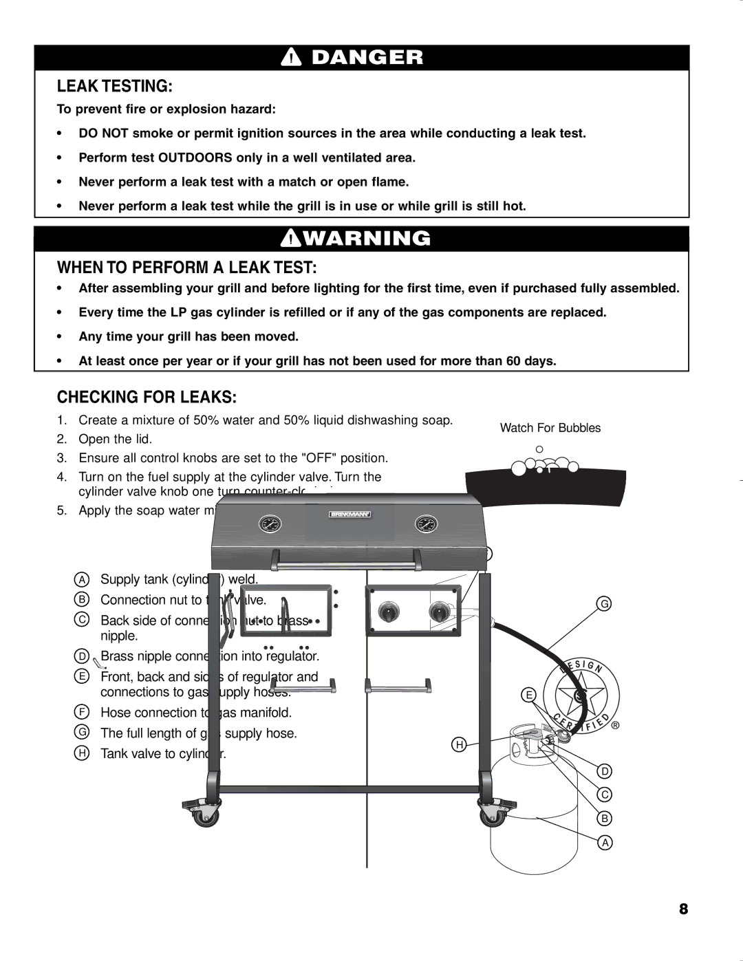 Brinkmann CHARCOAL SMOKER CHARCOAL GRILL owner manual Leak Testing, When to Perform a Leak Test, Checking for Leaks 