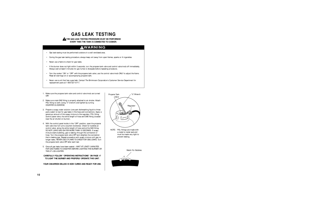 Brinkmann Charcoal Smoker owner manual GAS Leak Testing 