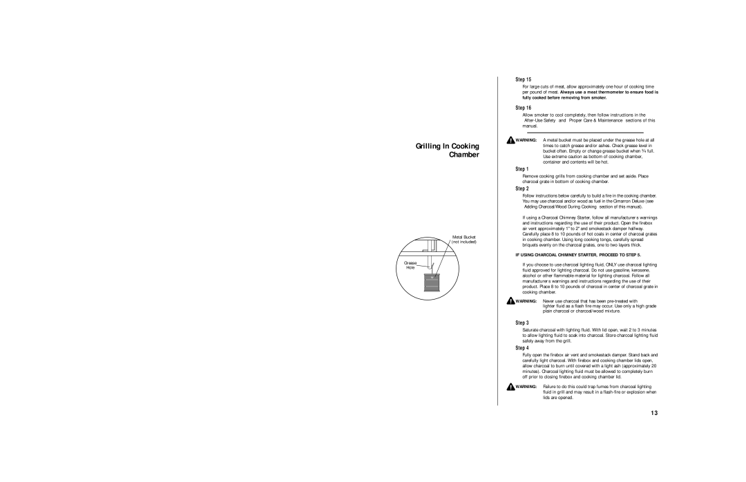 Brinkmann Charcoal Smoker owner manual Grilling In Cooking Chamber 