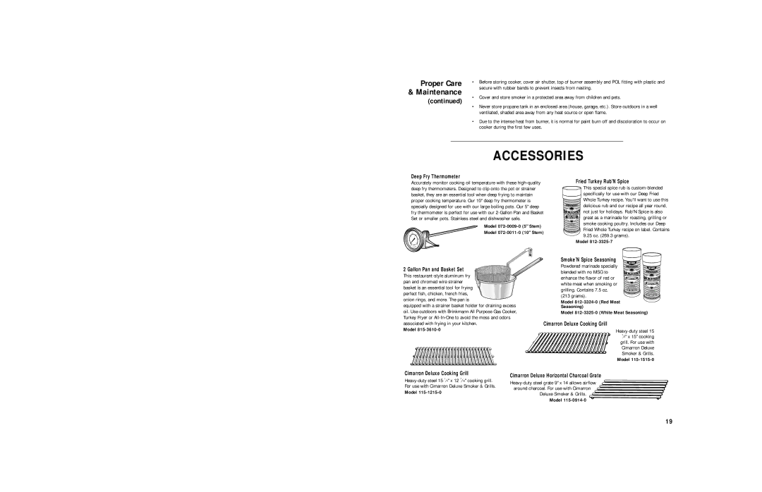 Brinkmann Charcoal Smoker owner manual Accessories, Model 