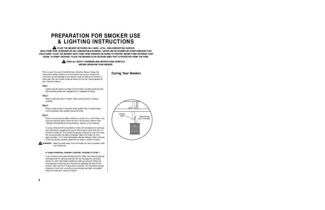 Brinkmann Charcoal Smoker owner manual Preparation for Smoker USE Lighting Instructions 