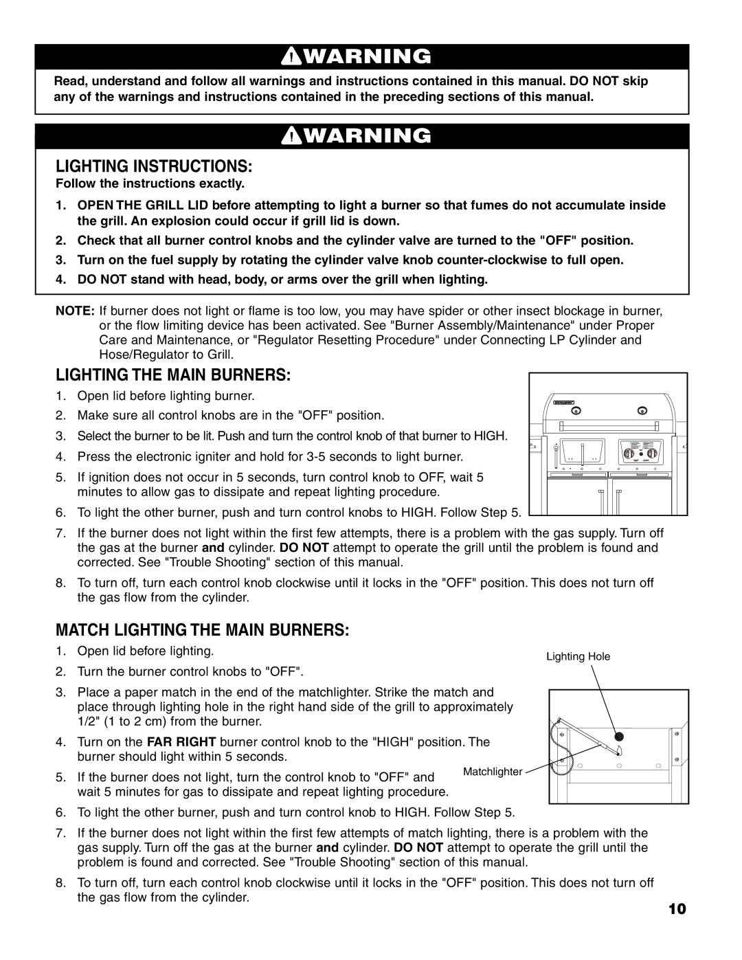 Brinkmann Charcoal/Gas Grill owner manual Lighting Instructions, Match Lighting the Main Burners 