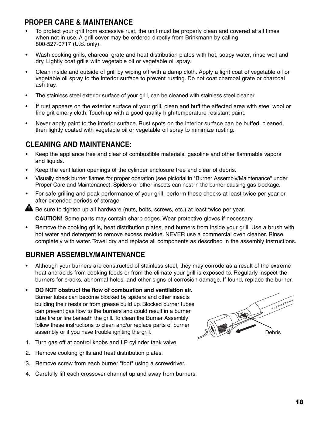 Brinkmann Charcoal/Gas Grill owner manual Proper Care & Maintenance, Cleaning and Maintenance, Burner ASSEMBLY/MAINTENANCE 