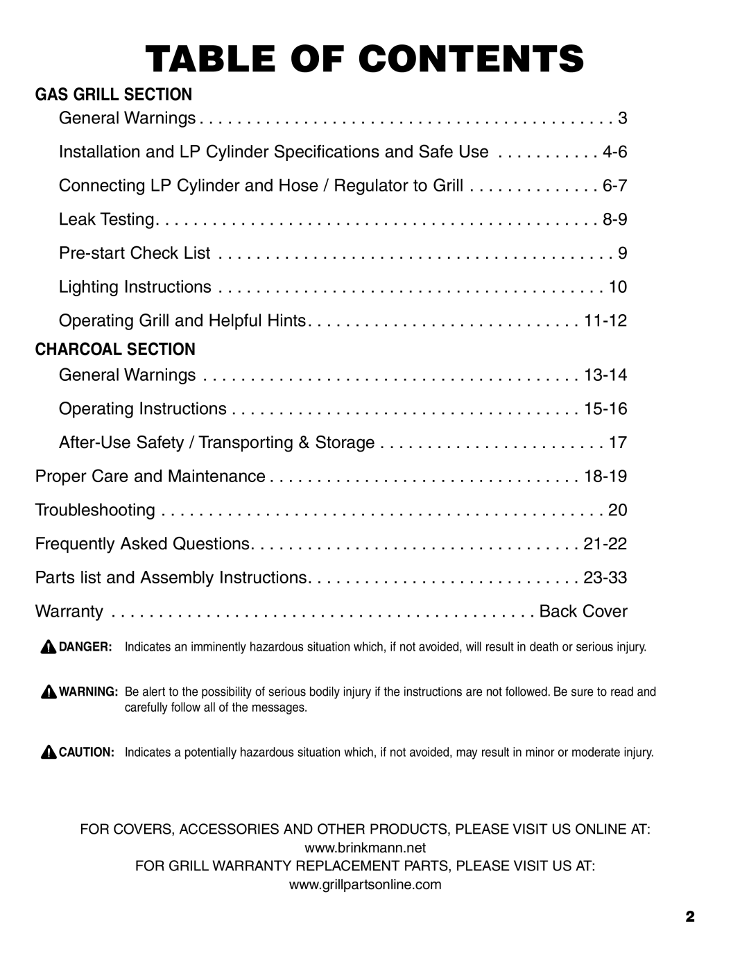 Brinkmann Charcoal/Gas Grill owner manual Table of Contents 