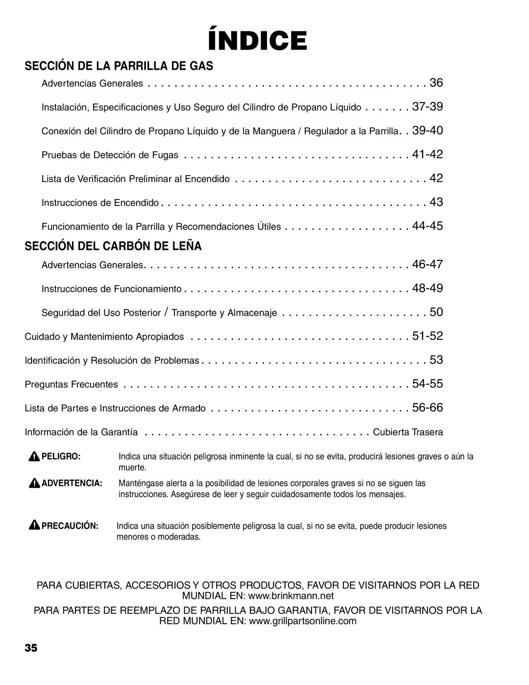 Brinkmann Charcoal/Gas Grill owner manual Sección DE LA Parrilla DE GAS, Sección DEL Carbón DE Leña 