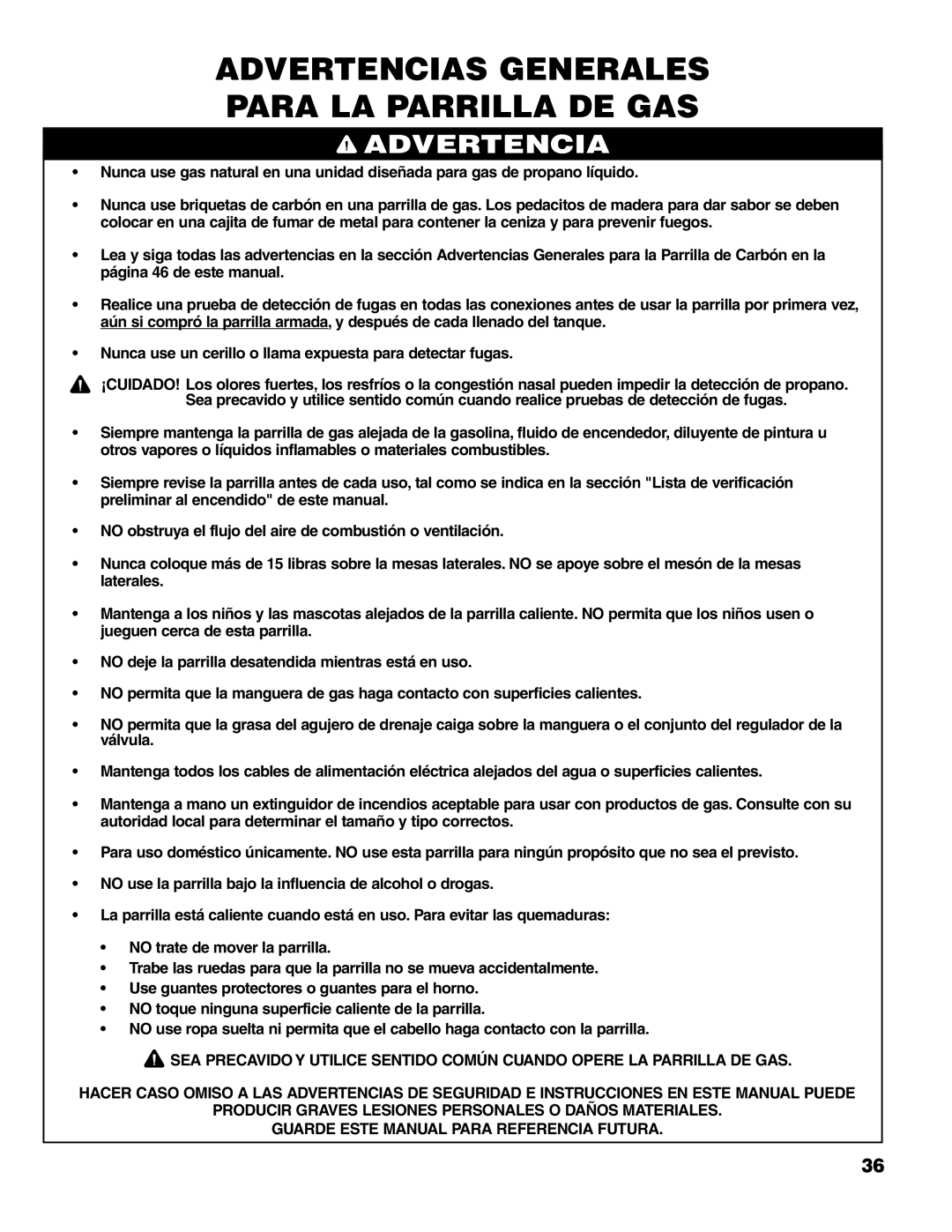 Brinkmann Charcoal/Gas Grill owner manual Advertencias Generales Para LA Parrilla DE GAS 