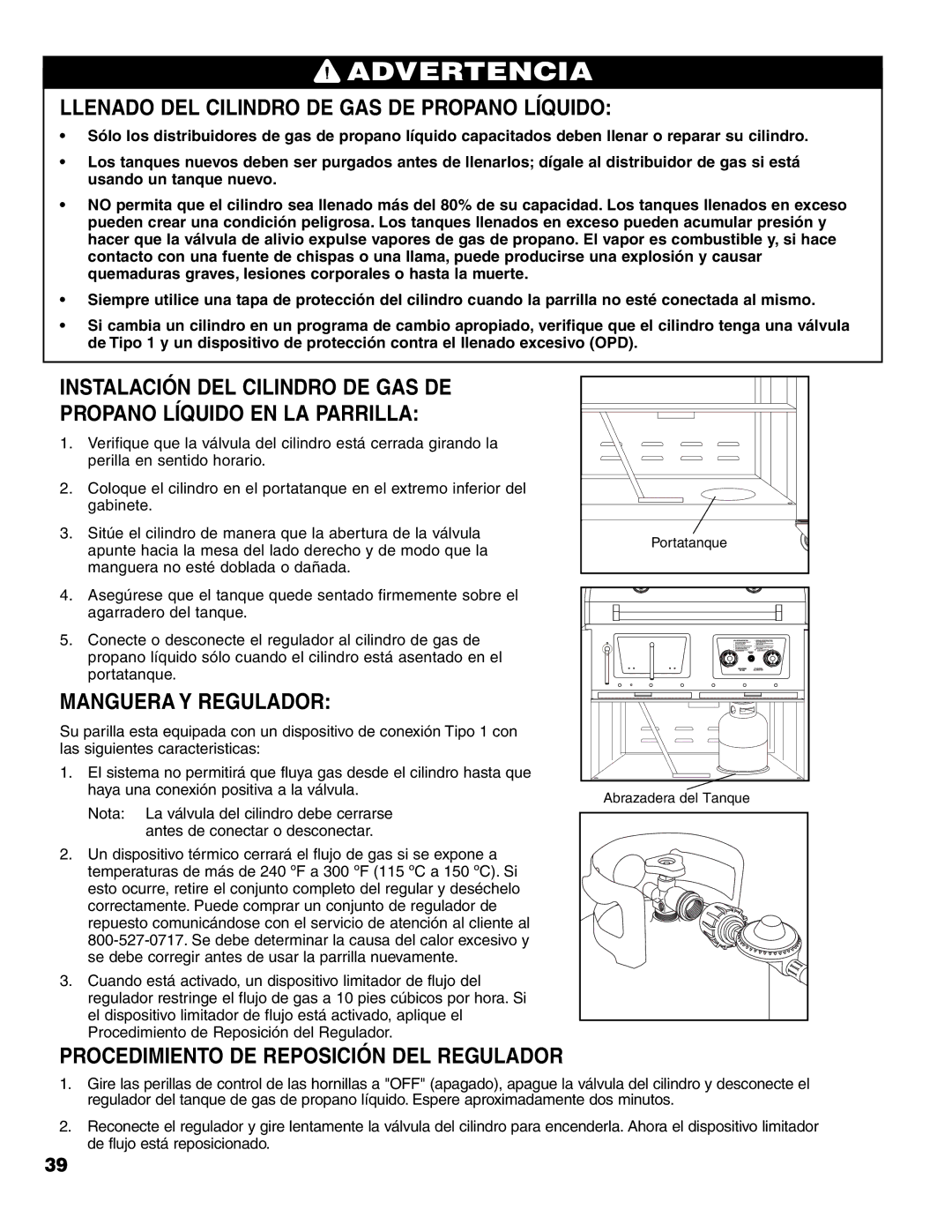 Brinkmann Charcoal/Gas Grill owner manual Llenado DEL Cilindro DE GAS DE Propano Líquido, Manguera Y Regulador 