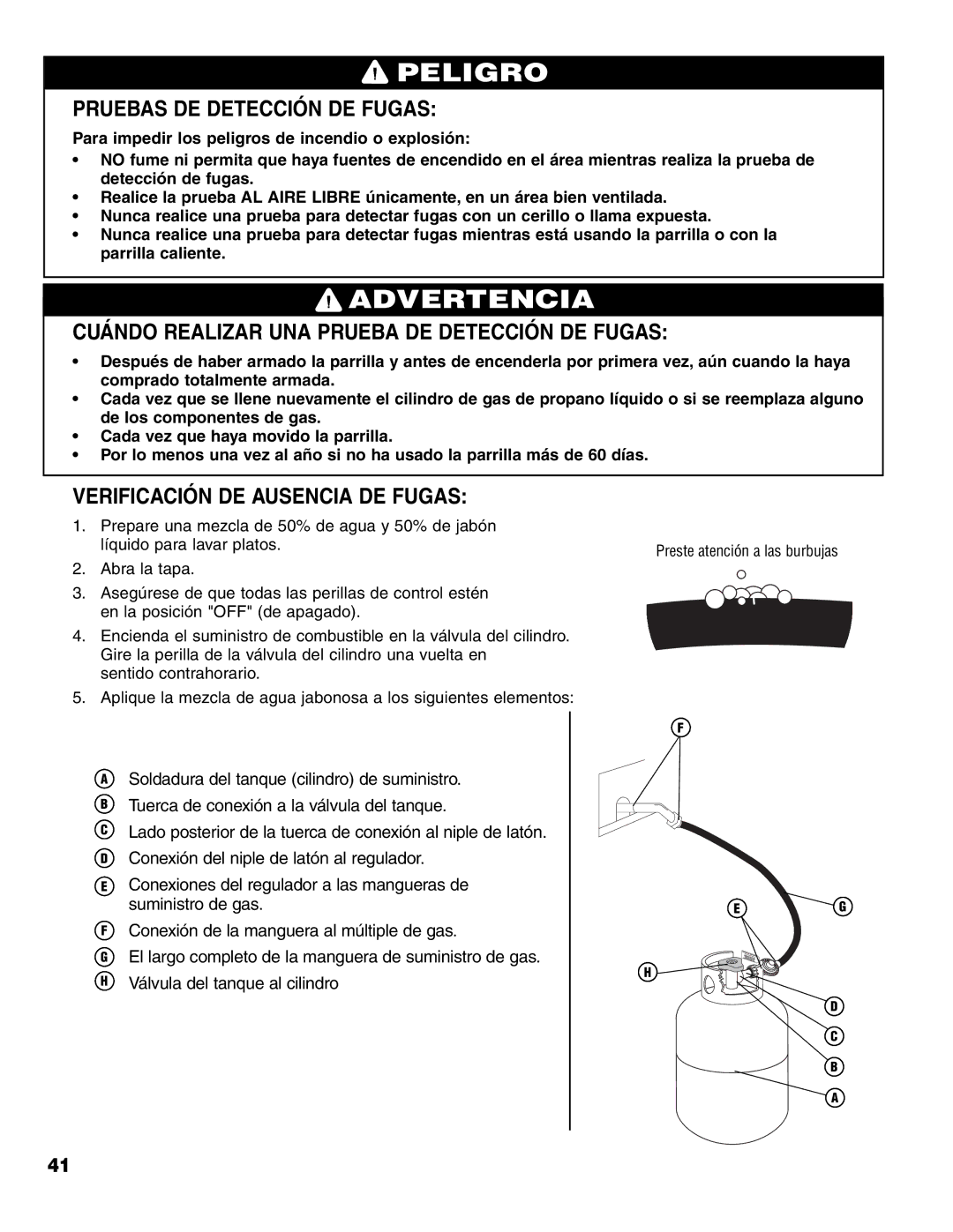 Brinkmann Charcoal/Gas Grill owner manual Pruebas DE Detección DE Fugas, Cuándo Realizar UNA Prueba DE Detección DE Fugas 