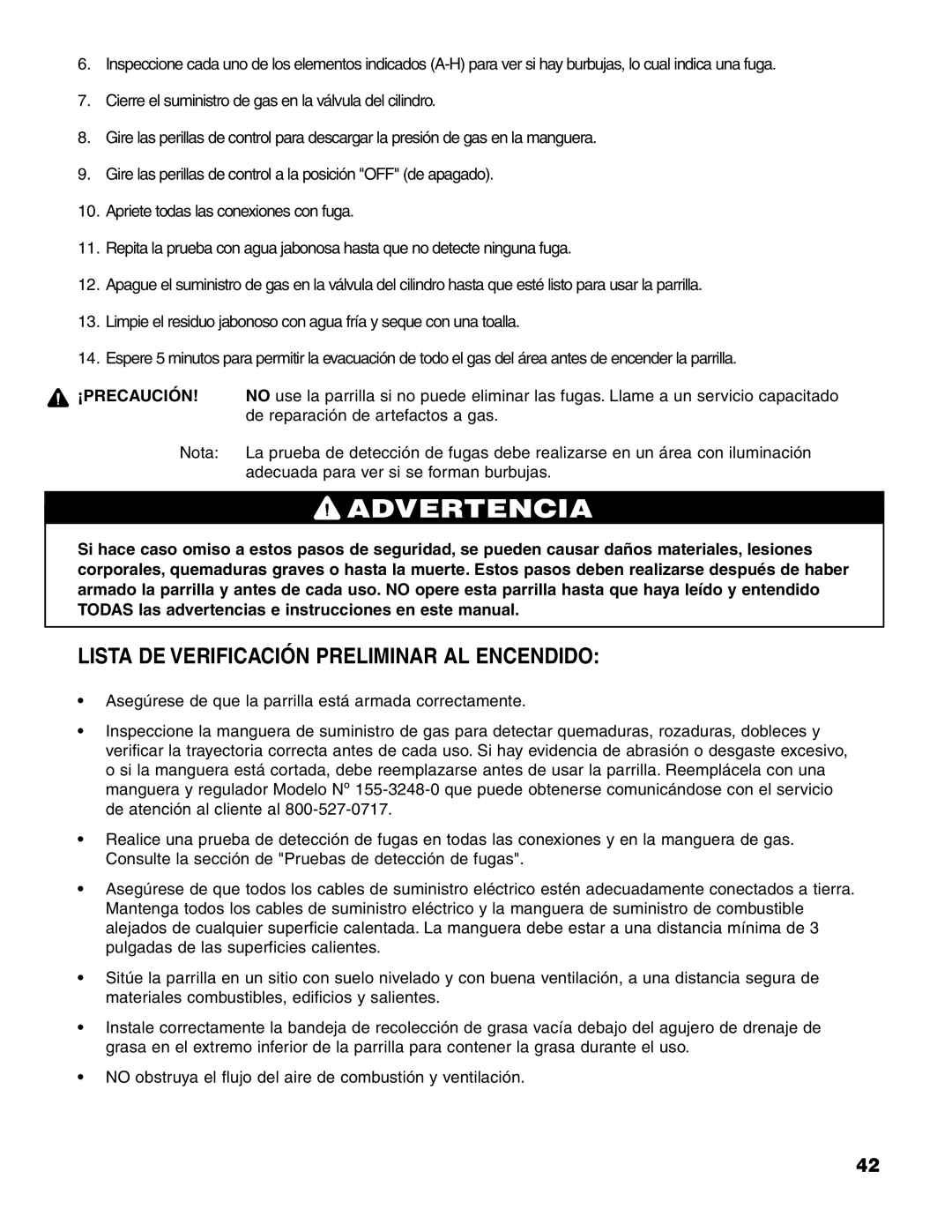 Brinkmann Charcoal/Gas Grill owner manual Lista DE Verificación Preliminar AL Encendido, ¡Precaución 