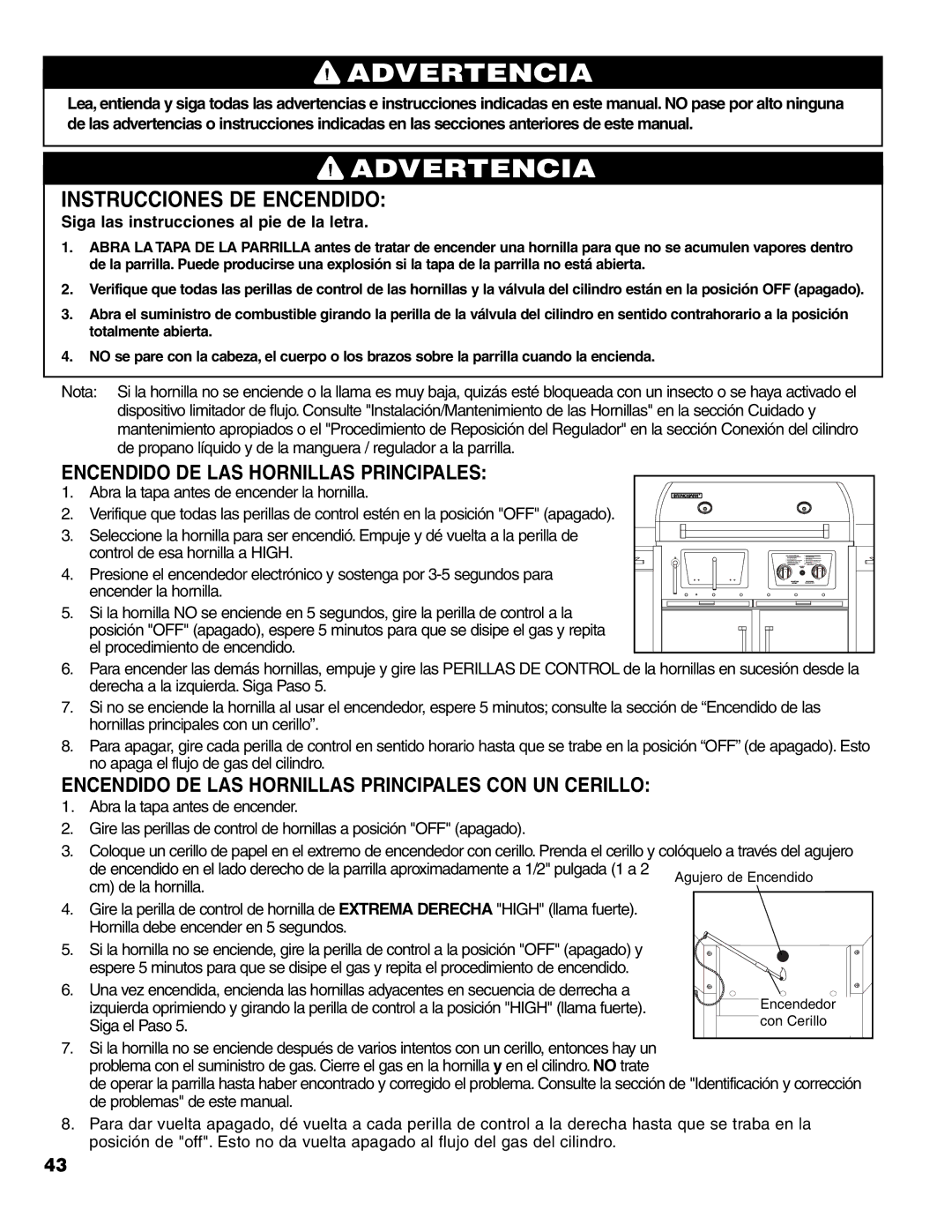 Brinkmann Charcoal/Gas Grill owner manual Instrucciones DE Encendido, Siga las instrucciones al pie de la letra 