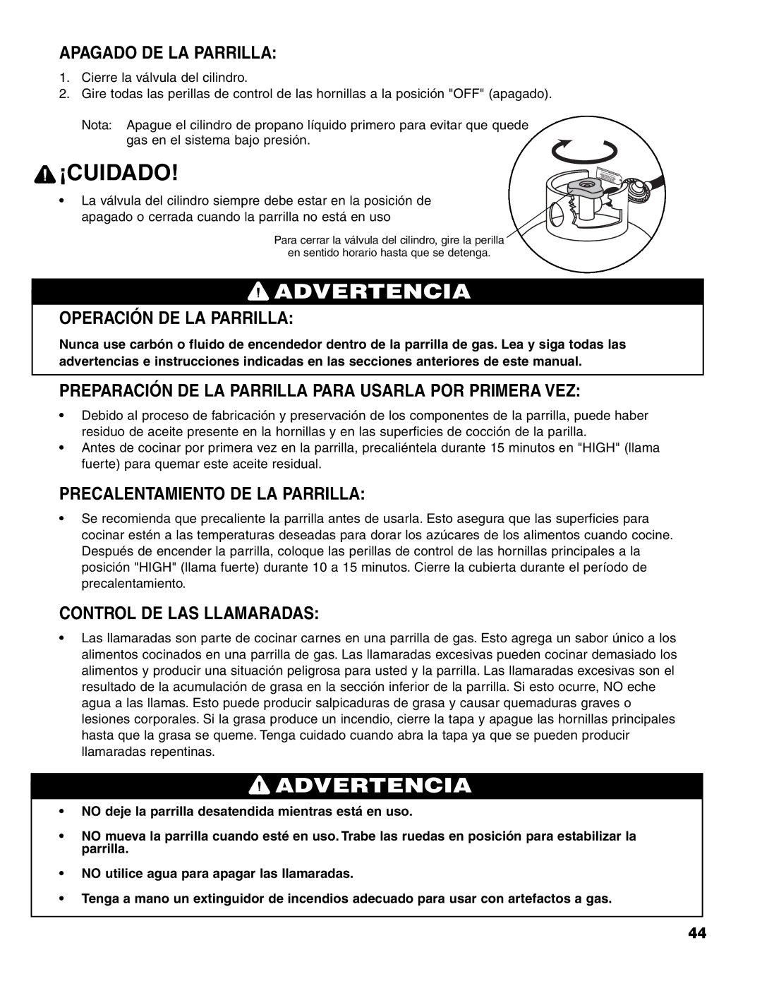 Brinkmann Charcoal/Gas Grill owner manual Apagado DE LA Parrilla, Operación DE LA Parrilla, Precalentamiento DE LA Parrilla 