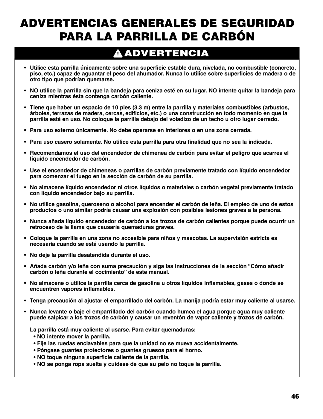 Brinkmann Charcoal/Gas Grill owner manual Advertencia 