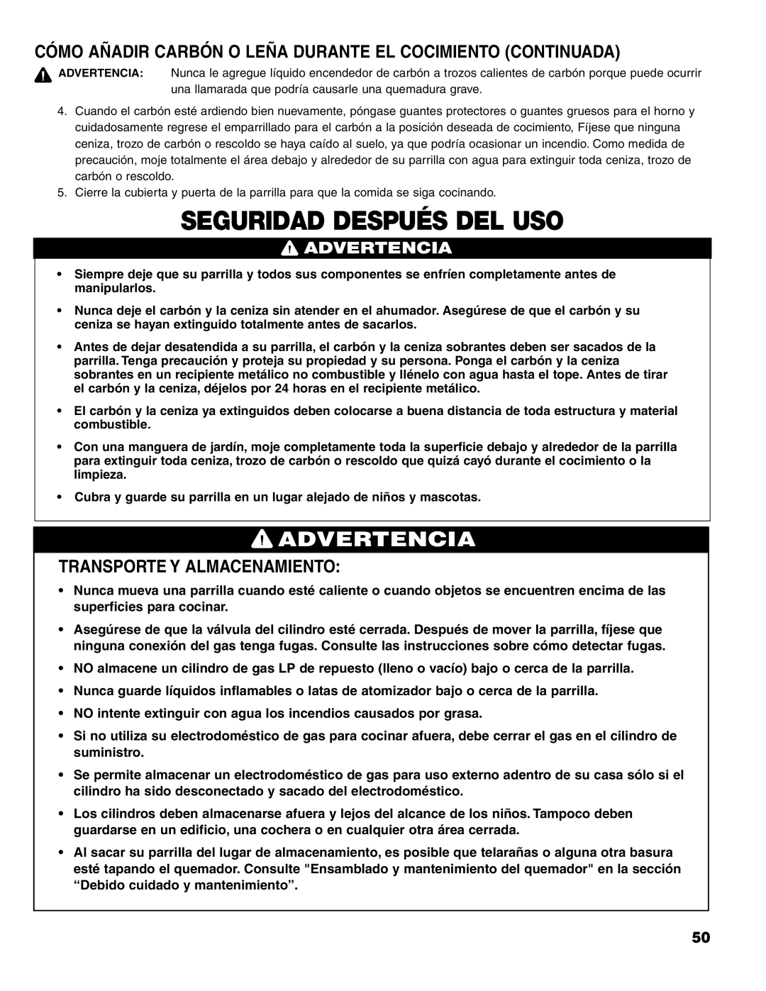 Brinkmann Charcoal/Gas Grill Cómo Añadir Carbón O Leña Durante EL Cocimiento Continuada, Transporte Y Almacenamiento 