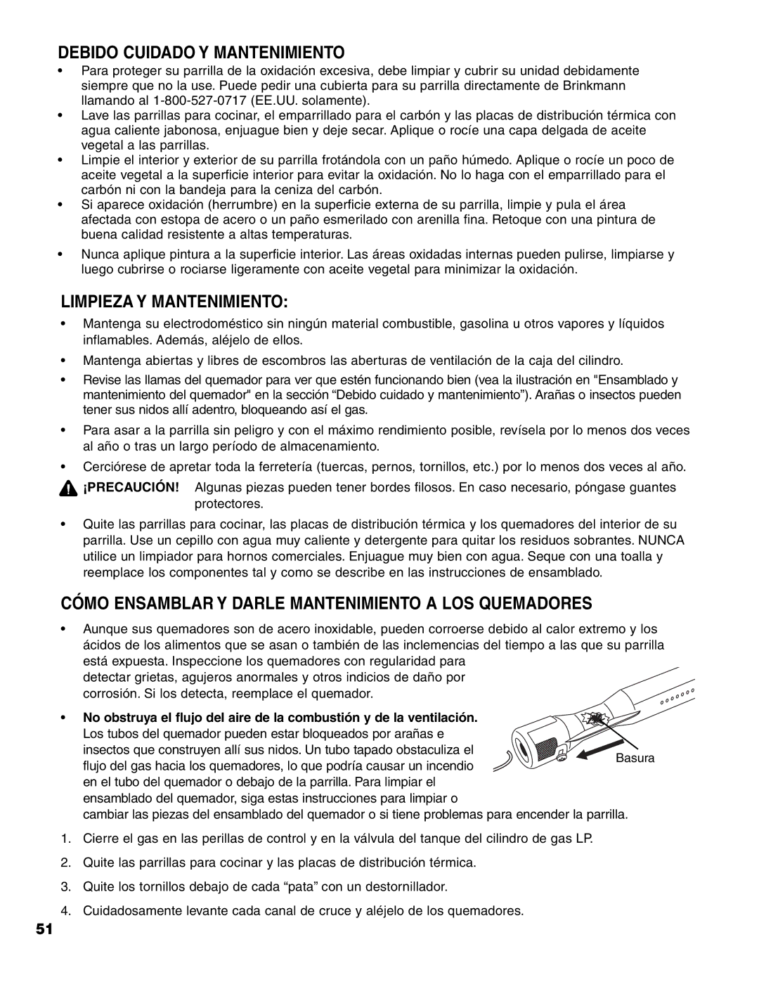 Brinkmann Charcoal/Gas Grill owner manual Debido Cuidado Y Mantenimiento, Limpieza Y Mantenimiento 