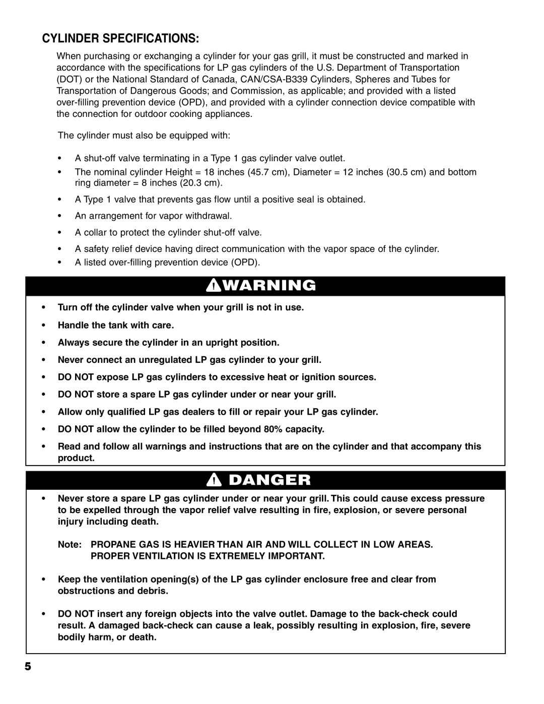 Brinkmann Charcoal/Gas Grill owner manual Cylinder Specifications 