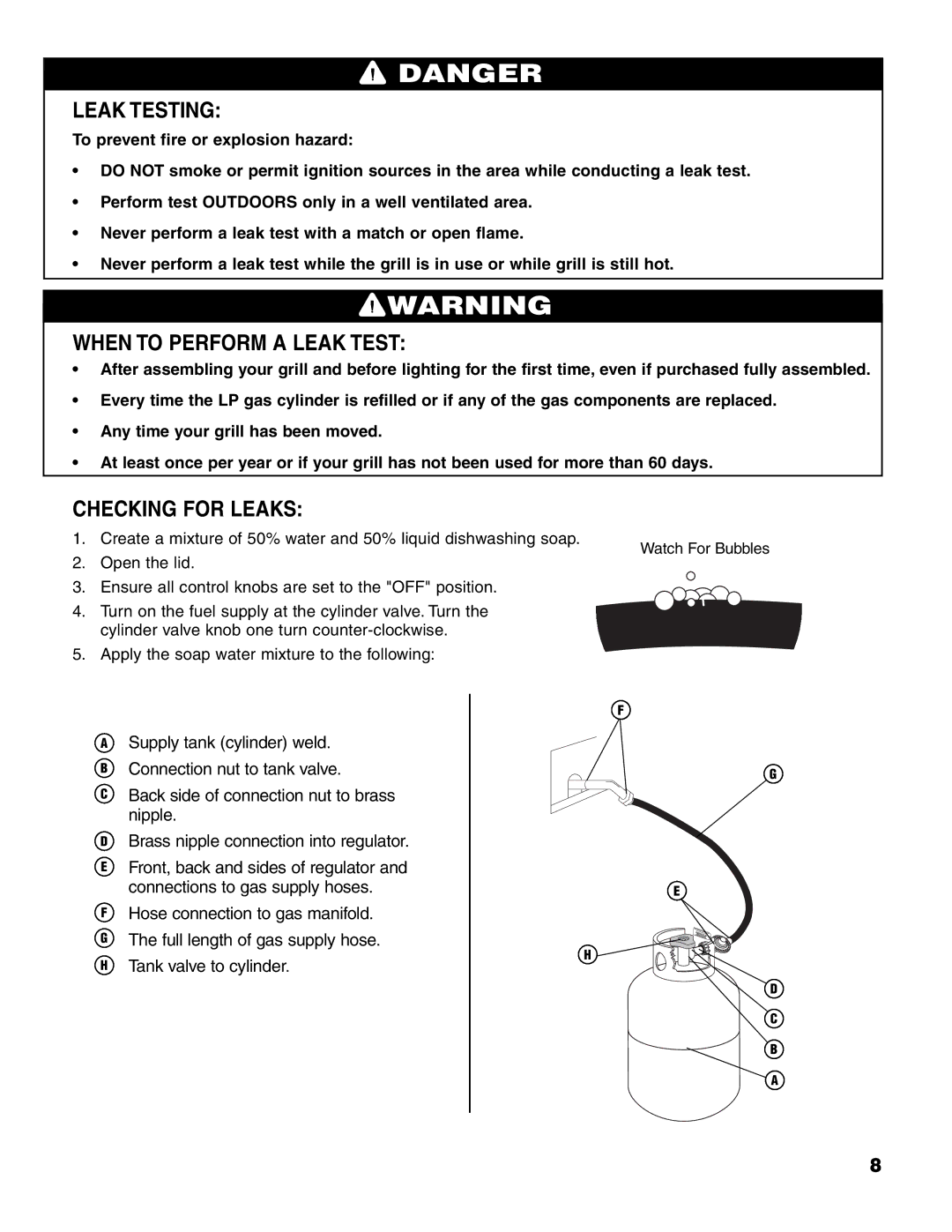 Brinkmann Charcoal/Gas Grill owner manual Leak Testing, When to Perform a Leak Test, Checking for Leaks 