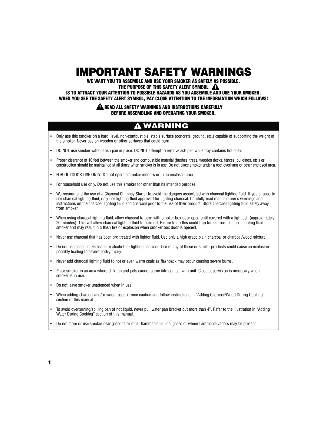 Brinkmann Charcoal/Wood Smoker Grill owner manual Important Safety Warnings 