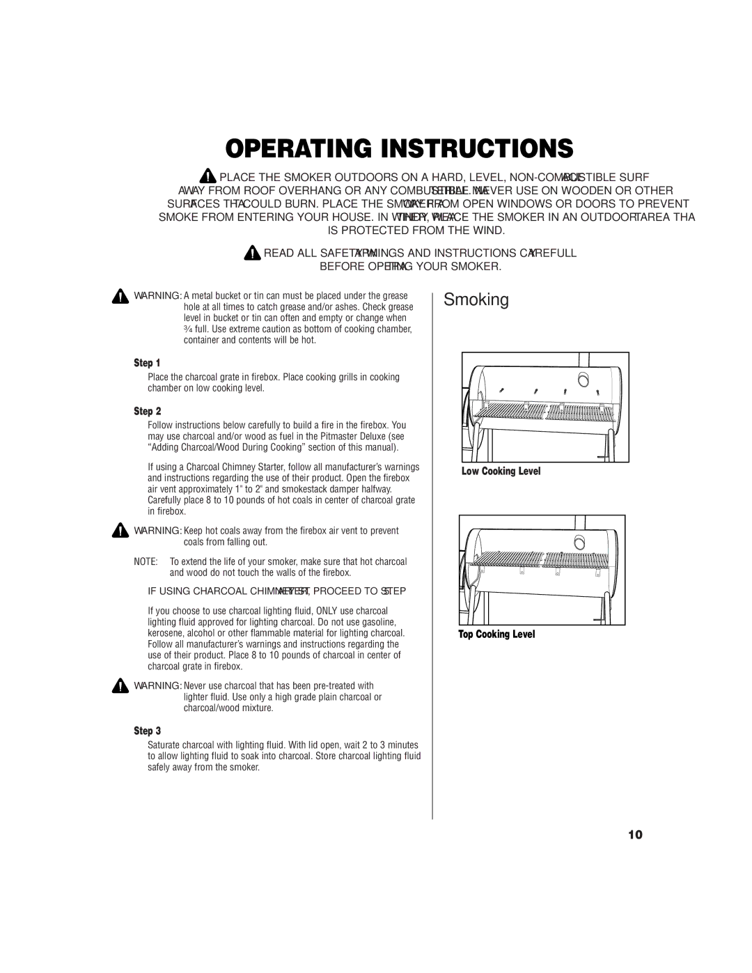 Brinkmann Charcoal/Wood Smoker owner manual Operating Instructions, Top Cooking Level 