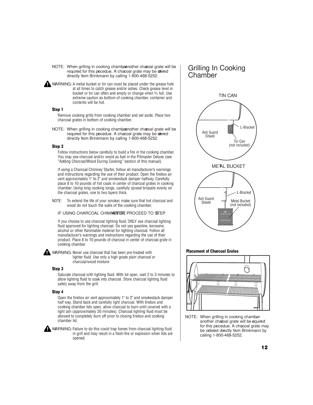 Brinkmann Charcoal/Wood Smoker owner manual Grilling In Cooking Chamber, Placement of Charcoal Grates 