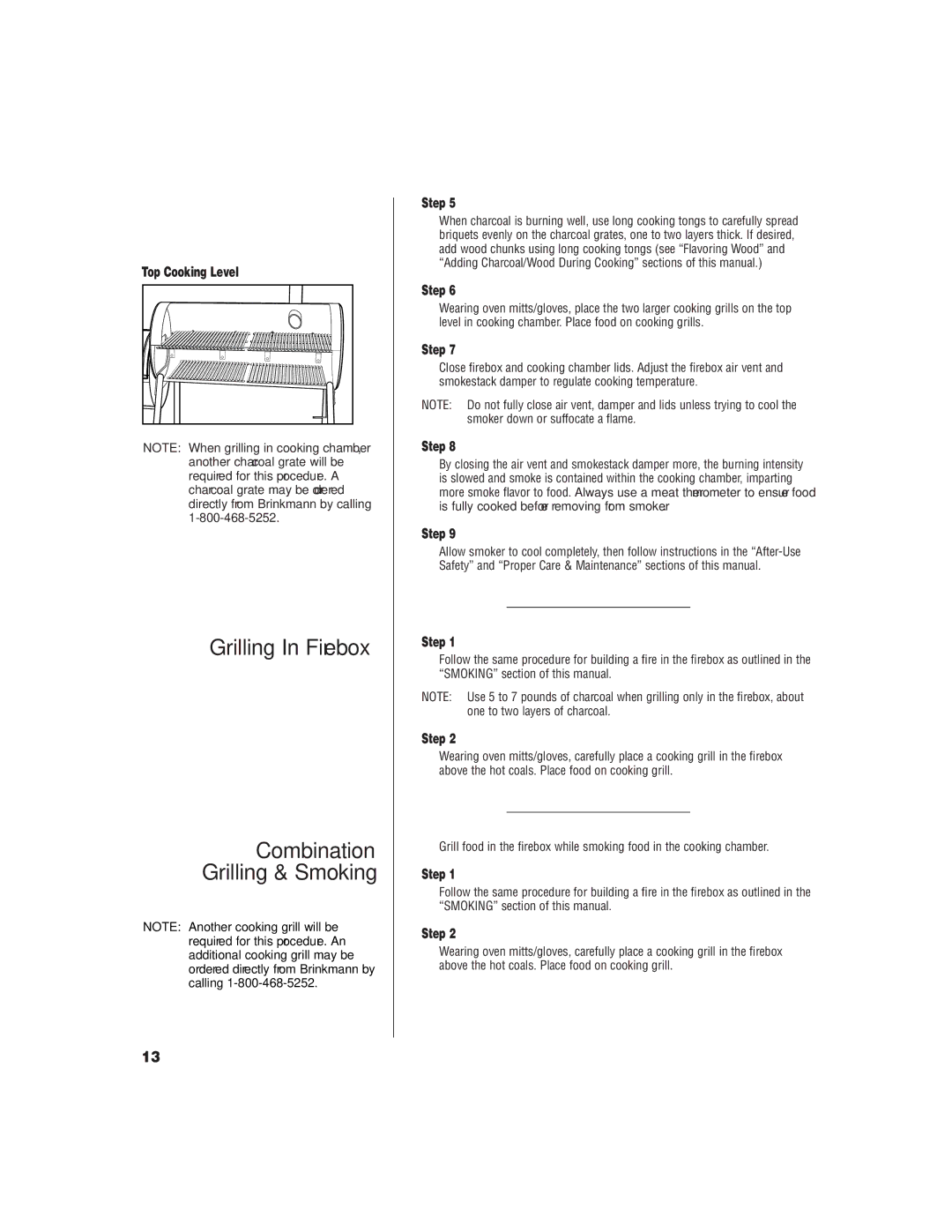 Brinkmann Charcoal/Wood Smoker owner manual Grilling In Firebox Combination Grilling & Smoking, Top Cooking Level 