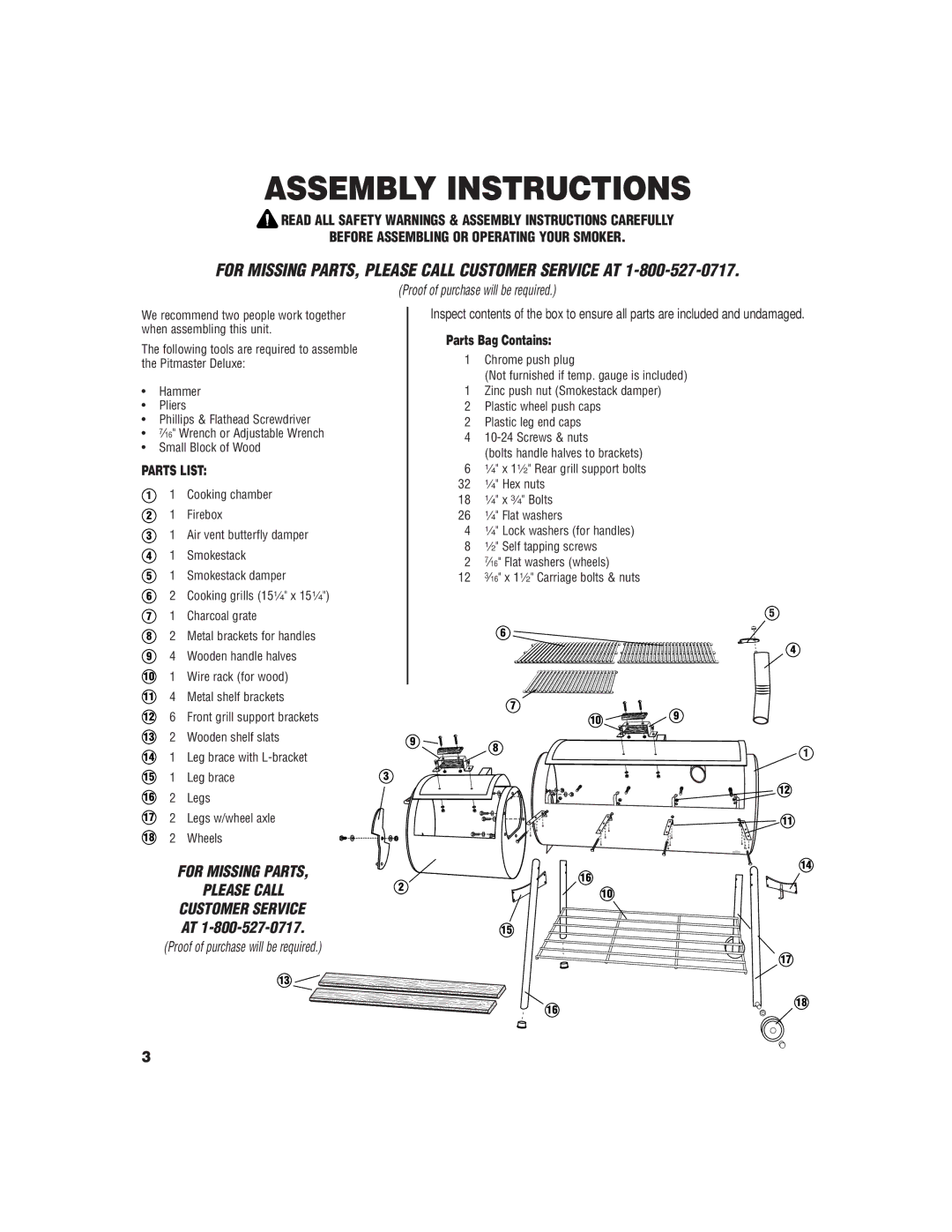 Brinkmann Charcoal/Wood Smoker owner manual Assembly Instructions, Parts Bag Contains 