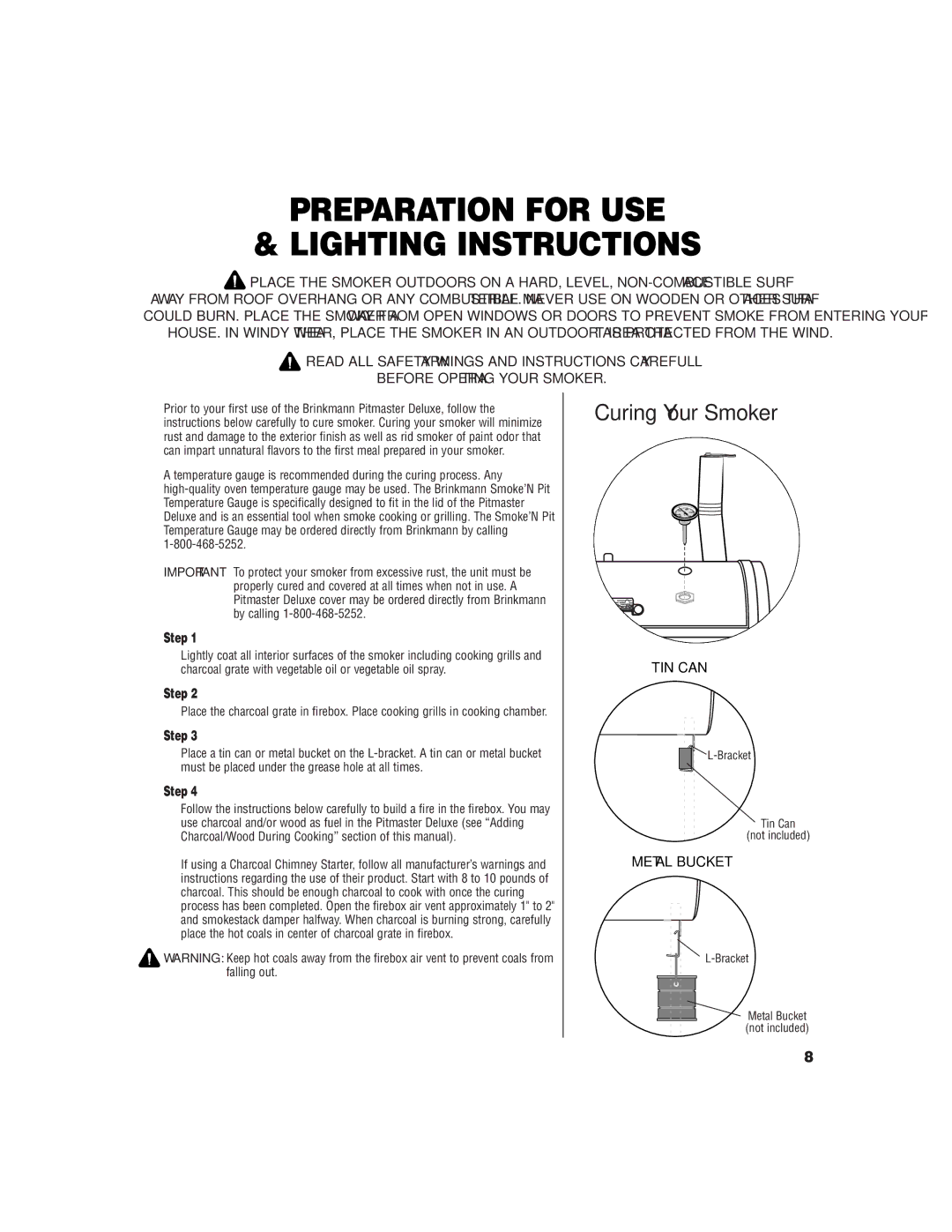 Brinkmann Charcoal/Wood Smoker owner manual Preparation for USE Lighting Instructions, Curing Your Smoker 