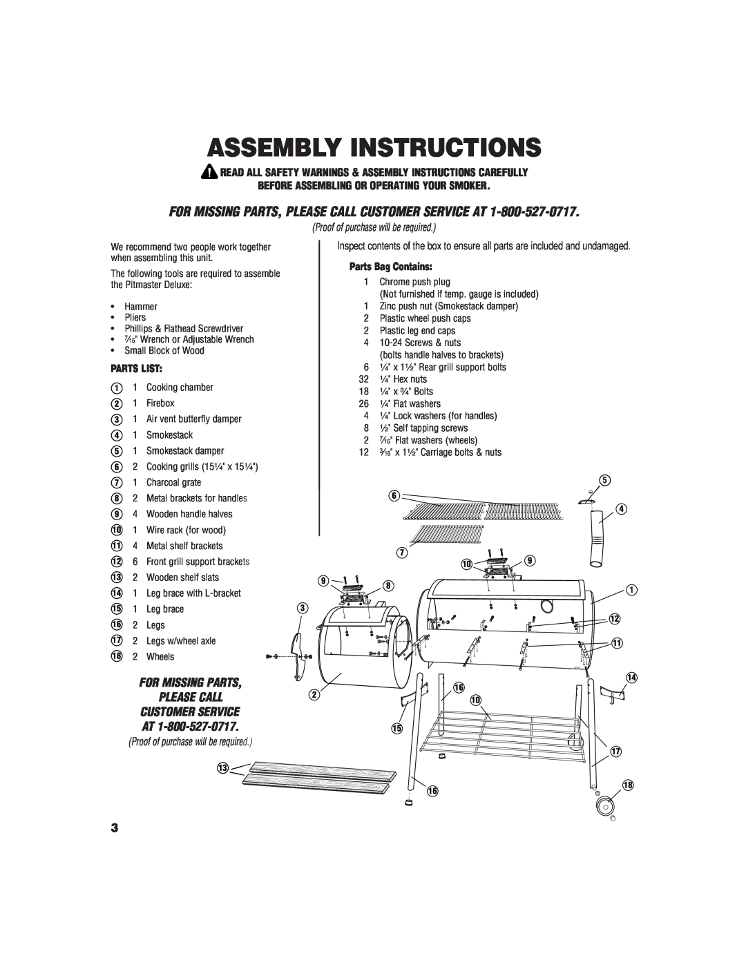 Brinkmann Charcoal/Wood Smoker owner manual Assembly Instructions, Parts List, Parts Bag Contains, 15 1 Leg brace 