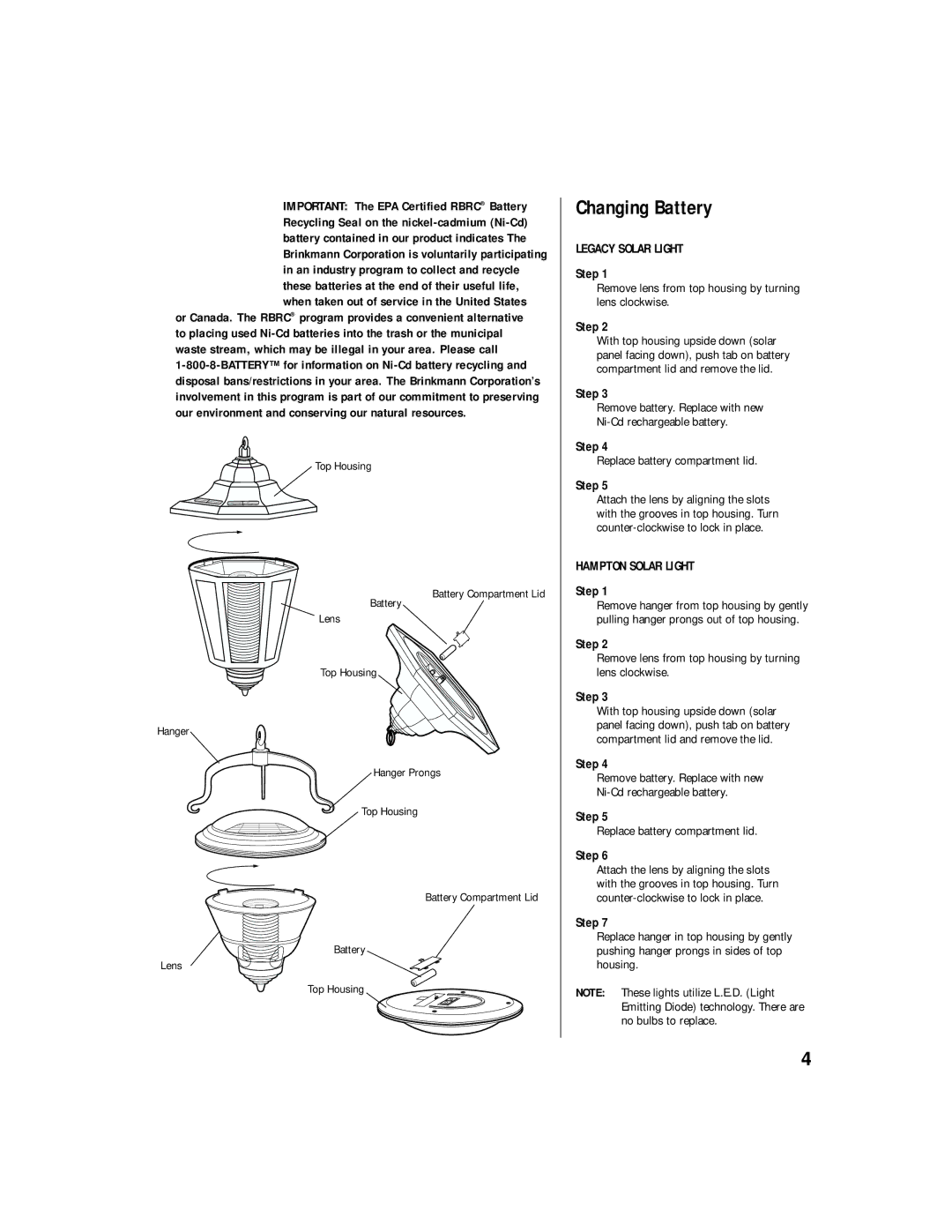 Brinkmann ENDURA owner manual Changing Battery, Legacy Solar Light, Hampton Solar Light 