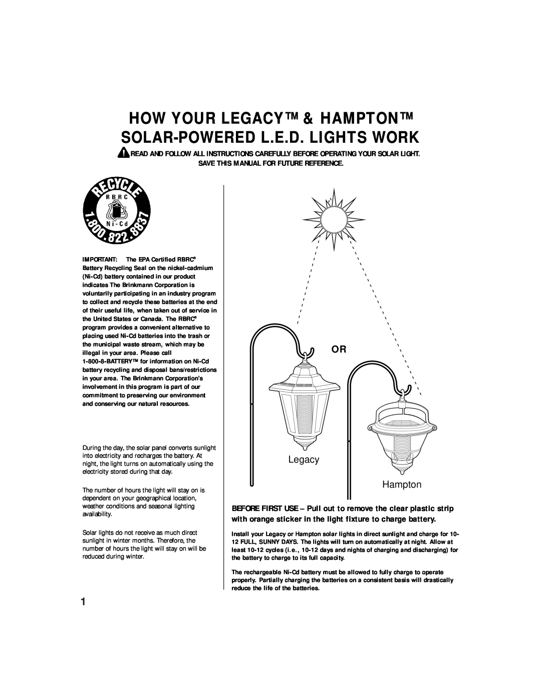 Brinkmann ENDURA How Your Legacy & Hampton Solar-Powered L.E.D. Lights Work, Save This Manual For Future Reference 