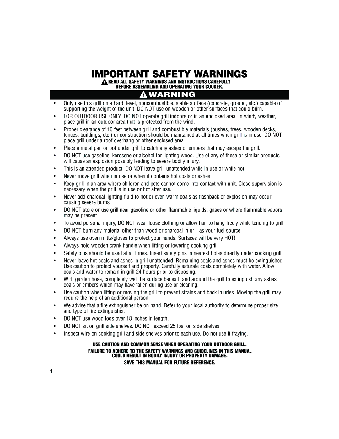 Brinkmann Fire Pit & Grill owner manual Important Safety Warnings 