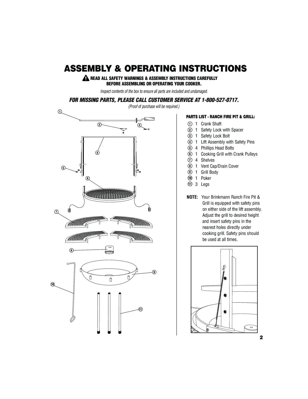 Brinkmann Fire Pit & Grill Assembly & Operating Instructions, For Missing PARTS, Please Call Customer Service AT 