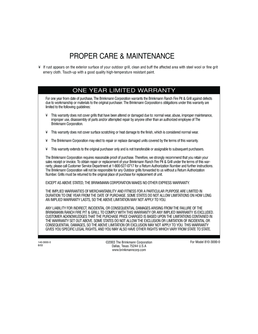 Brinkmann Fire Pit & Grill owner manual Proper Care & Maintenance, ONE Year Limited Warranty 