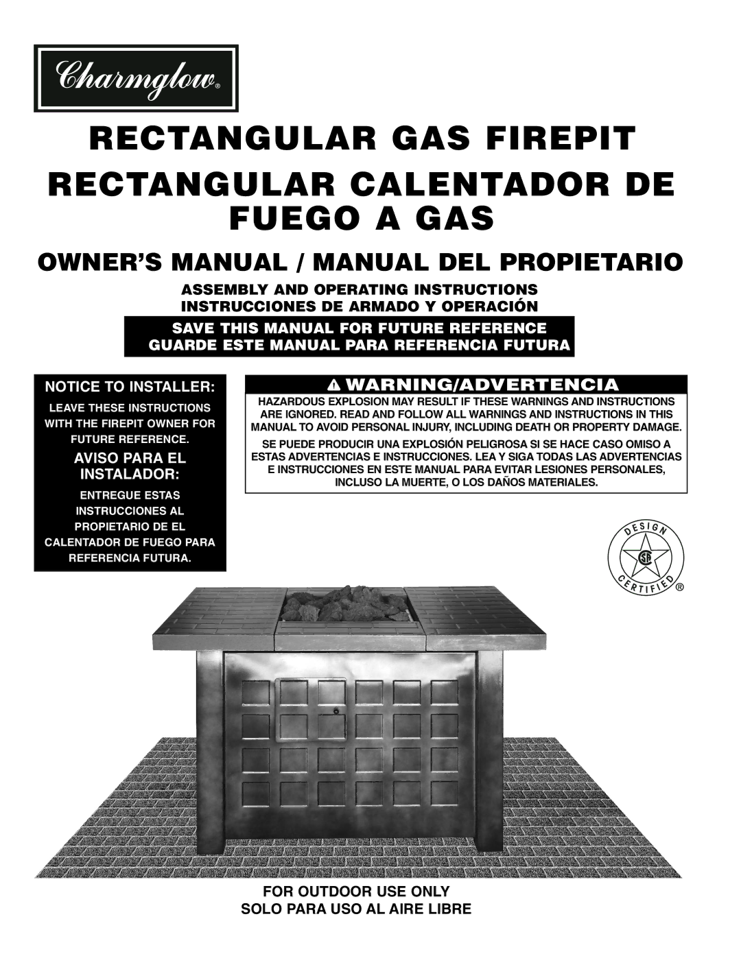 Brinkmann Gas FirePit owner manual Aviso Para EL Instalador, For Outdoor USE only Solo Para USO AL Aire Libre 