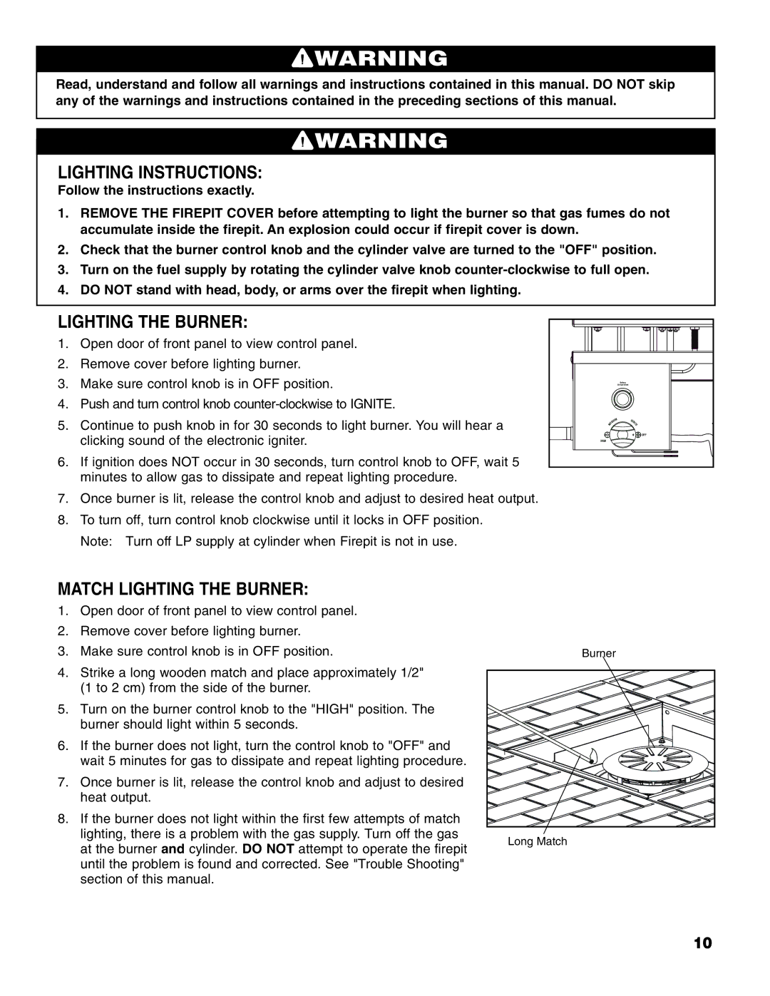 Brinkmann Gas FirePit owner manual Lighting Instructions, Match Lighting the Burner 