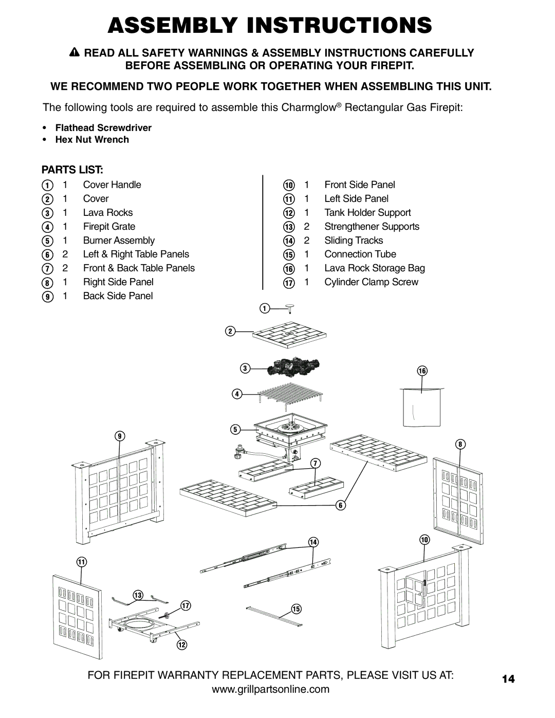 Brinkmann Gas FirePit Assembly Instructions, Parts List, For Firepit Warranty Replacement PARTS, Please Visit US AT 