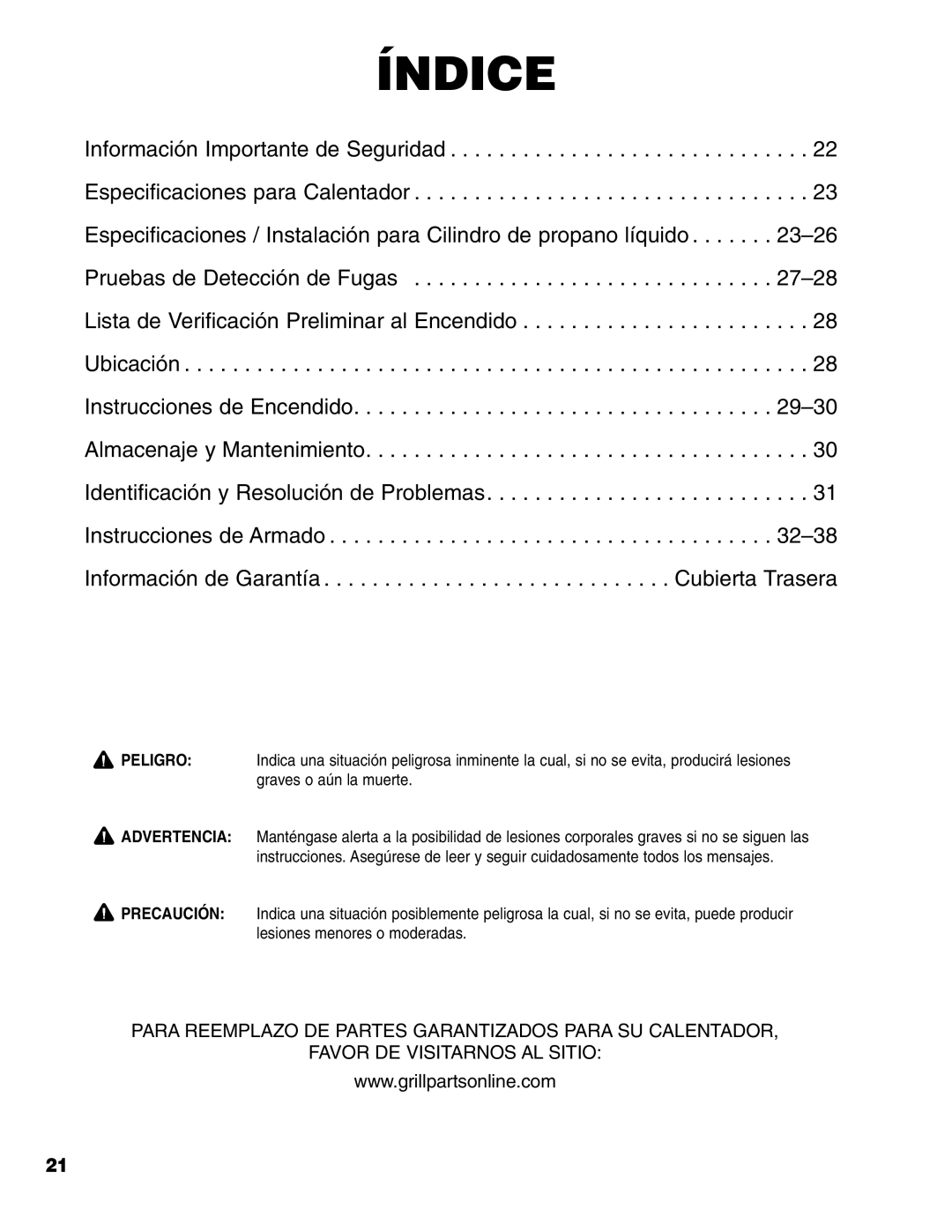 Brinkmann Gas FirePit owner manual Índice 